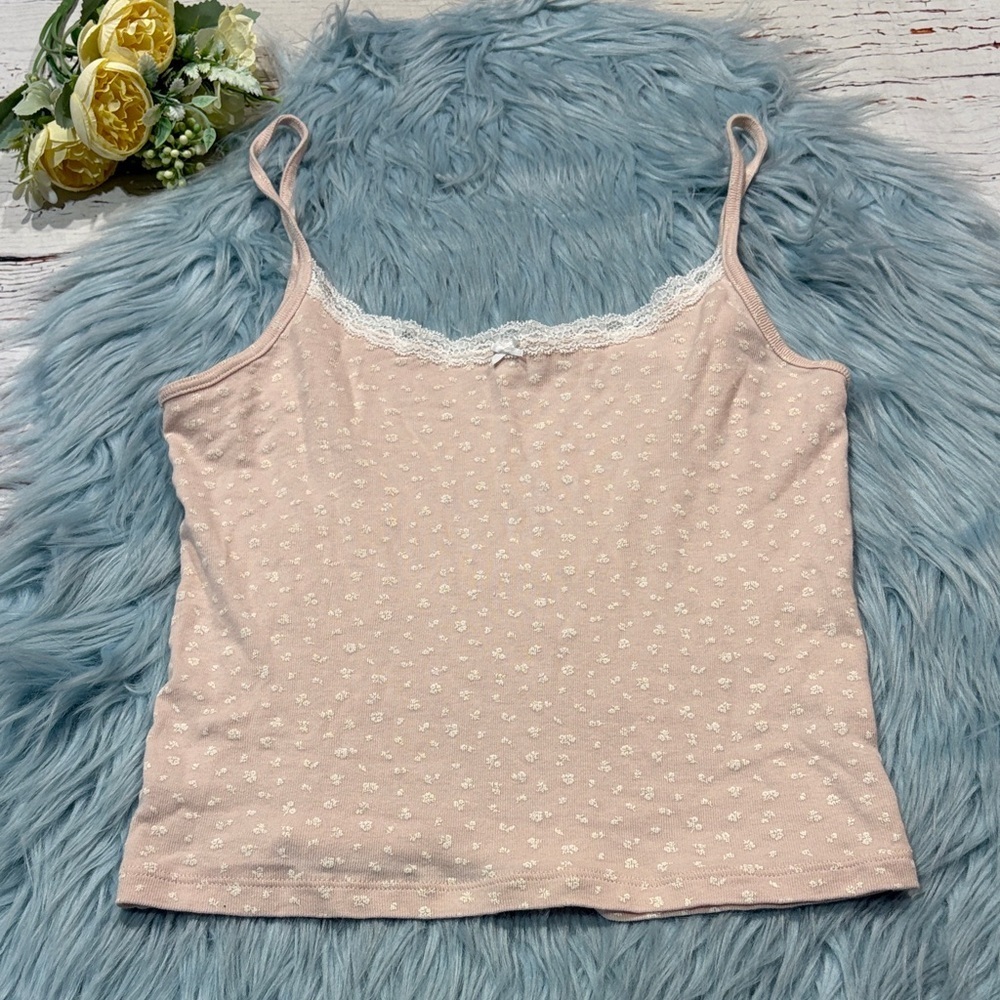 John Galt Brandy Melville Blush Pink Floral Lace Trim Babydoll Cami Tank